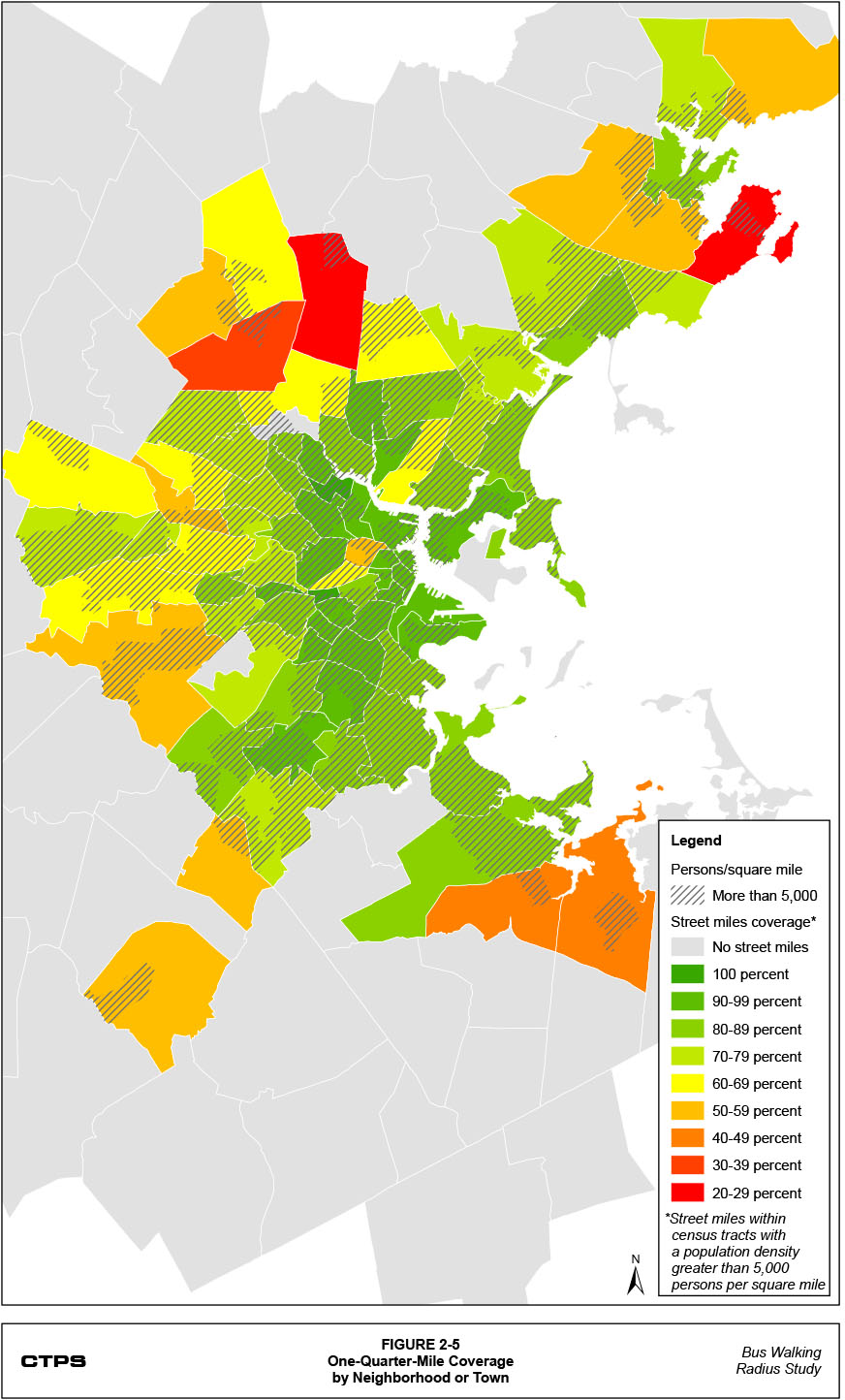 Figure 2-5: One-Quarter-Mile Coverage by Neighborhood or Town. This is a map that shows the location of census tracts with a population density greater than 5,000 persons per square mile. It also shows, for each town that has at least one of these census tracts, that town’s street mile coverage.